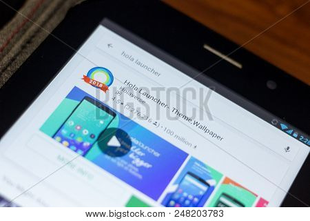 Ryazan, Russia - July 03, 2018: Hola Launcher- Theme, Wallpaper Mobile App On The Display Of Tablet 
