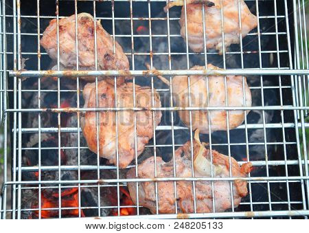 Preparation On Bbq. Dish With Roasted Meat On Abstract Background. Hot Tasty Smokey Barbecue Meal At