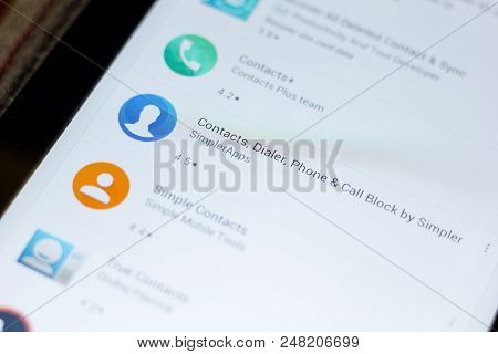 Ryazan, Russia - July 03, 2018: Contacts, Dialer, Phone And Call Block Mobile App On The Display Of 