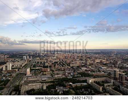 Aerial View Of Old And New Buildings In The City With Skyscrapers. Russian Streets, Novosibirsk.