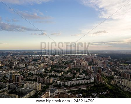Aerial View Of Old And New Buildings In The City With Skyscrapers. Russian Streets, Novosibirsk.