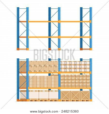 Warehouse Shelves With Boxesand Empty Shelves. Racks, Pallets And Boxes. Vector Stock Illustration I