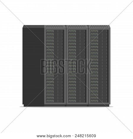 Network Server Racks In Data Center. Server Equipment Sign. Vector Stock Illustration In Flat Style 