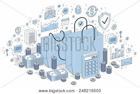 Big Sale Concept, Retail, Sellout, Shopping Bag With Cash Money Stacks Isolated On White Background.