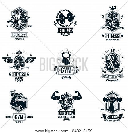 Vector Power Lifting Theme Emblems And Motivational Flyer Templates Collection Made Using Dumbbells,