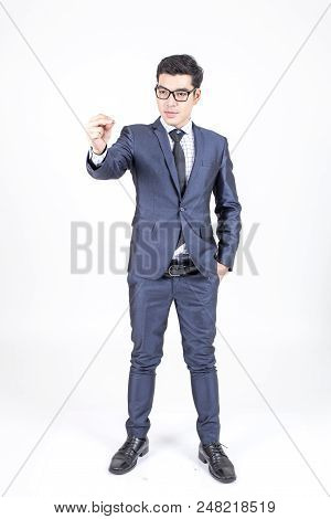 Asian Businessman Show Chart On White Background With Success Feeling, Business Presentration Concep