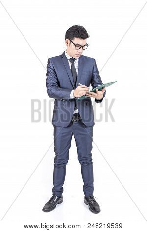 Asian Businessman Show Chart On White Background With Success Feeling, Business Presentration Concep