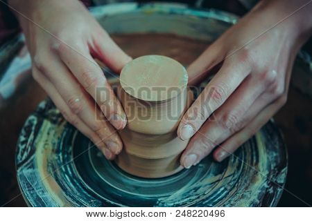Creating Ceramic Products Of White Clay Close-up.