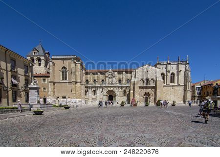 Leon, Spain, July 2018: Collegiate Basilica Of San Isidoro In Leon Spain. Romanesque Historical And 