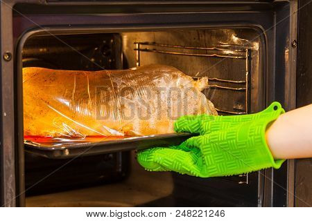 Hand In Kitchen Mitten Put The Meat Packaged In A Special Sleeve To The Oven For Baking