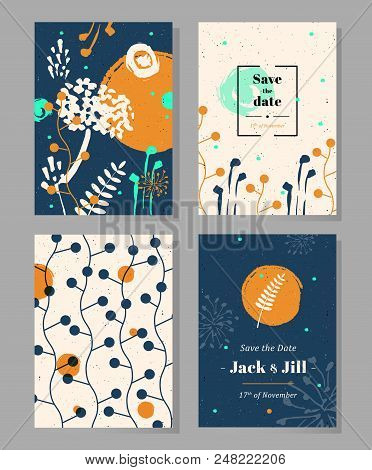 Set Of Universal Templates With Hand Drawn Herbs And Flowers. Concept For Invitations, Flyers, Poste