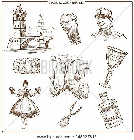 Czech Republic Travel Sketch Symbols Of Prague Tourism Landmarks. Vector Collection Of Czech Soldier