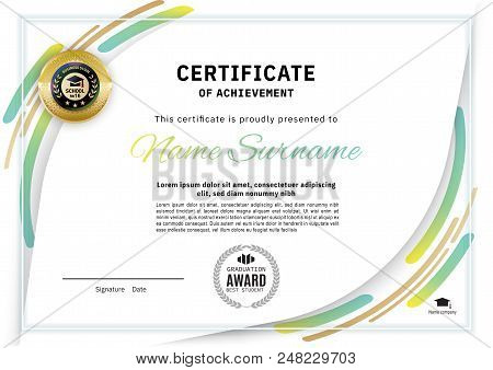 Official White Certificate With Green Line Design Elements, Gold Emblem. Business Clean Modern Desig
