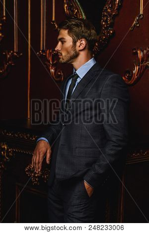 Imposing well dressed man in a luxurious apartments with classic interior. Luxury. Men's beauty, fashion.