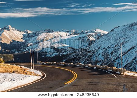 Trail Ridge Road, the highest (12,183 feet) continuous highway in the USA in high alpine tundra with rocks and mountains at autumn. Rocky Mountain National Park in Colorado, USA. 