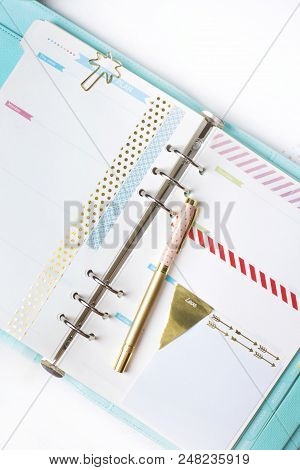 Feminine Stationery: Colorful Paper Binder Clips Palm And Flamingo Shape On White Table Background W