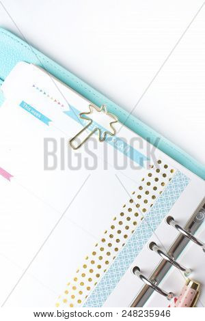 Feminine Stationery: Colorful Paper Binder Clips Palm And Flamingo Shape On White Table Background W