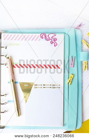 Feminine Stationery: Colorful Paper Binder Clips Palm And Flamingo Shape On White Table Background W