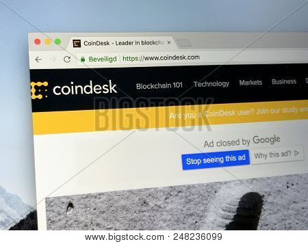 Amsterdam, The Netherlands - July 5, 2018: Website Of Coindesk, A News Site Specializing In Bitcoin 