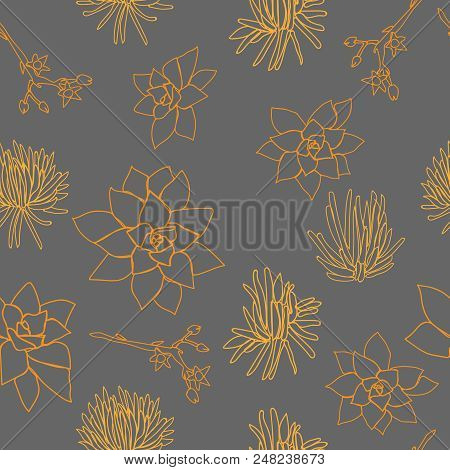 Orange Succulent Line Shapes On Grey Background, Seamless Repeat Pattern. Seamless Vector Background