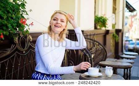 Woman Elegant Happy Face Have Coffee Cafe Terrace Outdoors. Mug Of Good Coffee In Morning Gives Me E
