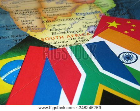 Flags Of The Brics Countries On The South Africa Map. Concept For Summit Of Brazil, Russia, India, C