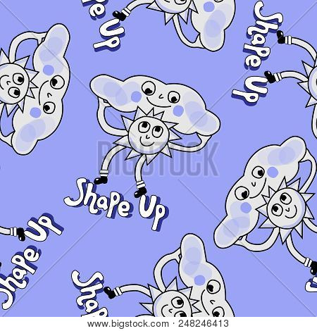 Blue Sun And Cloud Text Wimsical Illustration. Seamless Repeat Pattern.pattern Background. Surface P