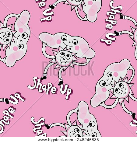 Pink Sun And Cloud Text Wimsical Illustration. Seamless Repeat Pattern.pattern Background. Surface P
