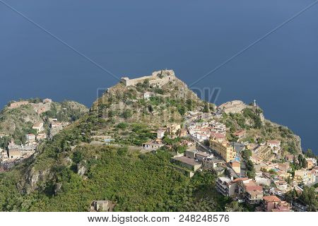 Ancient Theatre (left), Castle Saraceno (midle) And The Chapel Madonne Della Rocca (right), Taormina