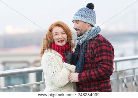 Men Loves Rude Women With Closed Eyes. Guy In Rad Jacket And Scurf Happy To Women In Red Scurf. Aged