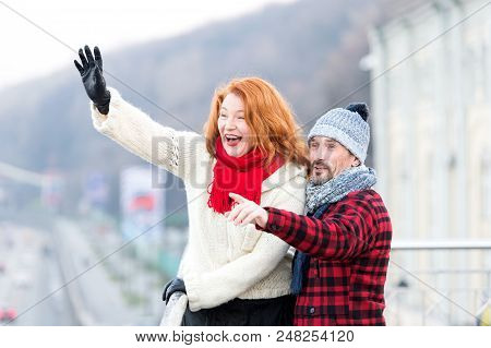 Couple Wag To Air. Red Hair Woman Wag From The Bridge. Happy Lady With Guy Welcomes To Friends. Men 