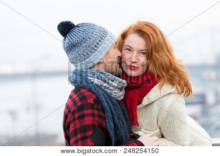 Sexy Woman Listen To Men. Happy Woman From Male Story. Men Whispers To Red Hair Woman. Close Up Of C