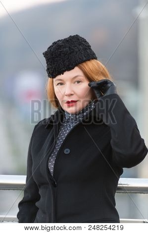 Red Hair Lady In Hat. Portrait Of Lade In Coat. Air-hostess Welcome You.lady Love Hat. Spring Fashio