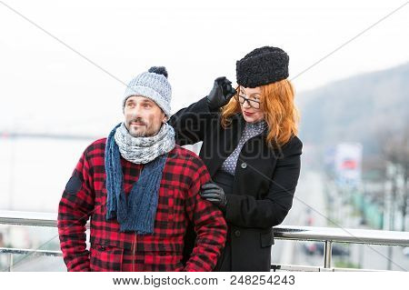 Surprised Red Hair Woman In Glasses Looked At Stranger On Bridge. Woman Look Over The Glasses From T