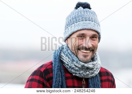 Portrait Of Urban Smiling Guy. Happy Men In Hat And Scarf. Funny Men Smiles To You. Closeup Of Smili