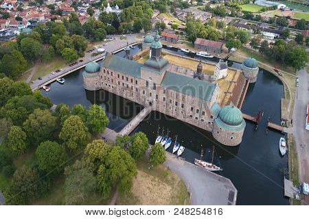 Vadstena, Sweden - July 5, 2018: Aerial View Of The Medieval Vadstena Castle.