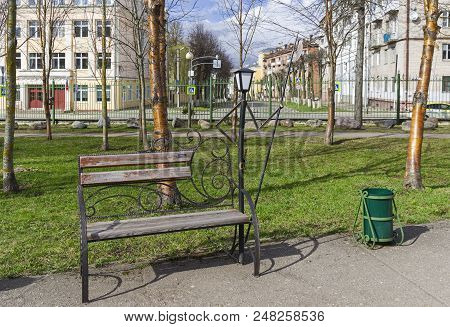 Smolensk, Russia - April 22, 2018: Funny Park Sculpture - A Lantern In The Form Of A Medieval Warrio