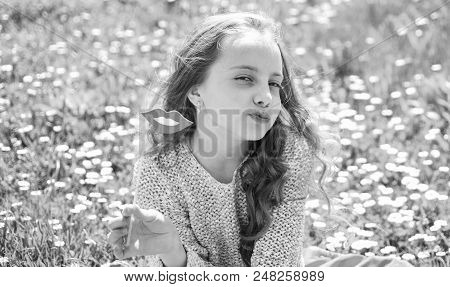 Child Posing With Cardboard Smiling Mouth. Kiss Concept. Girl On Kissing Face Spend Leisure Outdoors