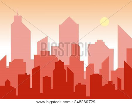 Sunrise And Modern Silhouette City In Flat Art Style. Comics Book Design Background. Vector Illustra
