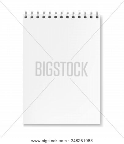 Realistic Vertical Vector White Sheet Notebook Mockup. Copybook With Blank Paper On Metallic Ring Sp