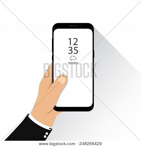 Hand Holding New Version Of Smartphone Vector Illustration. Frameless Display Smartphone.
