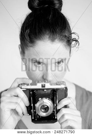 Young Woman With A Vintage Zeiss Camera