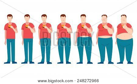 Man Eating Fast Food And Getting Fatter. A Fat Phase. Do Not Dieting. Junk Food. Malnutrition.