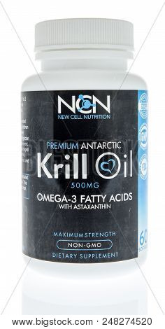 Winneconne, Wi - 1 July 2018: A Bottle Of New Cell Nutrition Premium Antarctic Krill Oil On An Isola