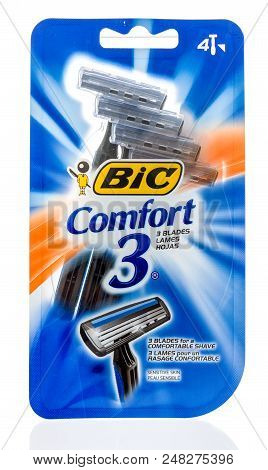 Winneconne, Wi - 4 July 2018: A Package Of Bic Comfort 3 Shaving Razor On An Isolated Background.