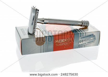 Winneconne, Wi - 4 July 2018: A Package Of A Merkur Solingen Double Safety Razor On An Isolated Back