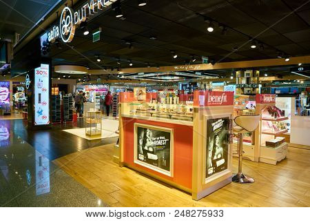 WARSAW, POLAND - CIRCA NOVEMBER, 2017: goods on display at Aelia Duty Free in Warsaw Chopin Airport.