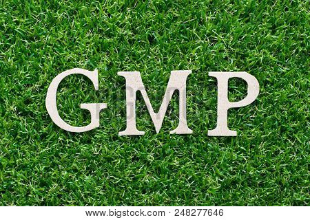 Wood Alphabet In Word Gmp (abbreviation Of Good Manufacturing Pracice)on Artificial Green Grass Back