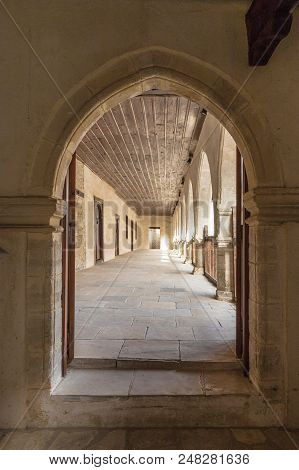 Omodos, Cyprus. May 2018. A View Inside The Timios Stavros Monastery In The Traditional Village Omod