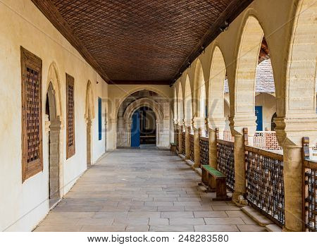 Omodos, Cyprus. May 2018. A View Inside The Timios Stavros Monastery In The Traditional Village Omod